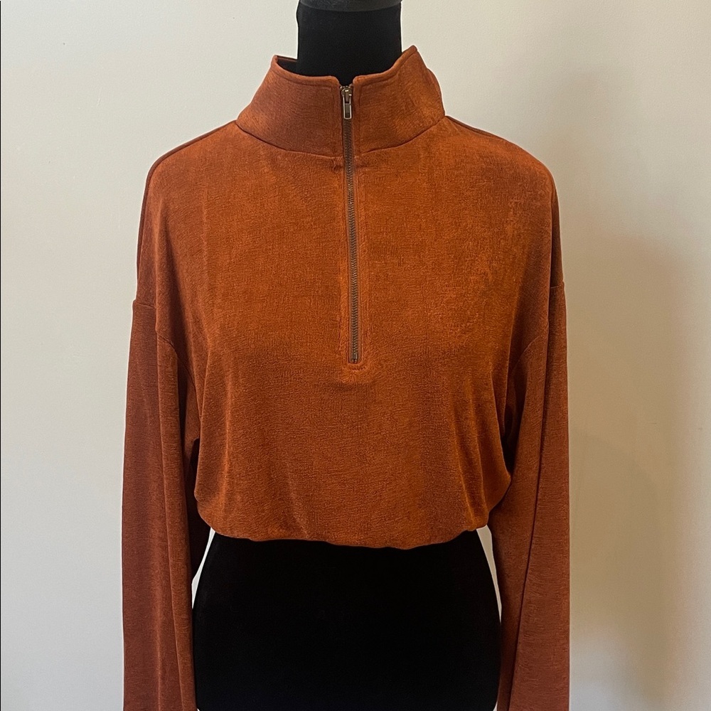 Women’s Half-Zip Mock Neck Pullover -cropped brown top new